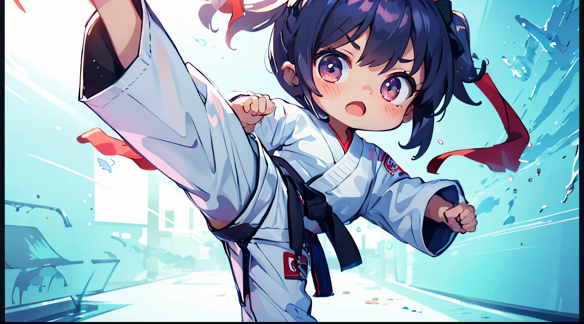 masutepiece, Best Quality, Extremely detailed, Anime, (Karate Girls:1.5), Solo, Full body, Ahoge, Chibi Character, Deformed, Exercising, (Upper Kick:1.5), dojo