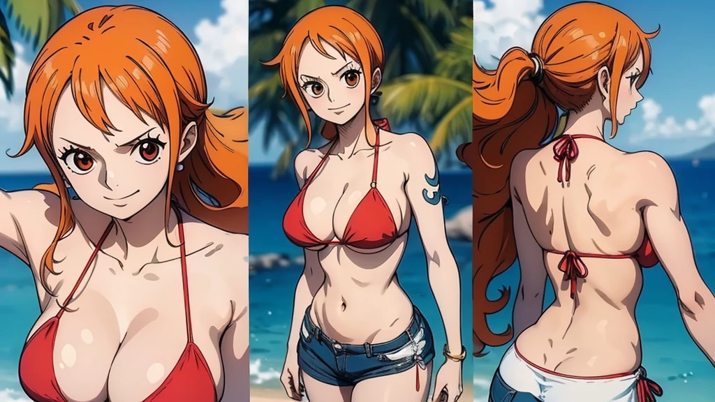 An Arafe woman wears a bikini top and red super miniskirt, nami one piece, uma obra-prima , Retrato bonito de Nami, nami from one piece,Nami em super minissaia vermelha, arte de anime digital detalhada, Cute Exirobat showing white pants, Muito detalhado Artgerm haha, deviantart artstation cgsscosiety, realistic red bikini, roupa de banho vermelha, fanart melhor artstation, Artgerm. alto detalhamento, seios grandes , deitada na areia .