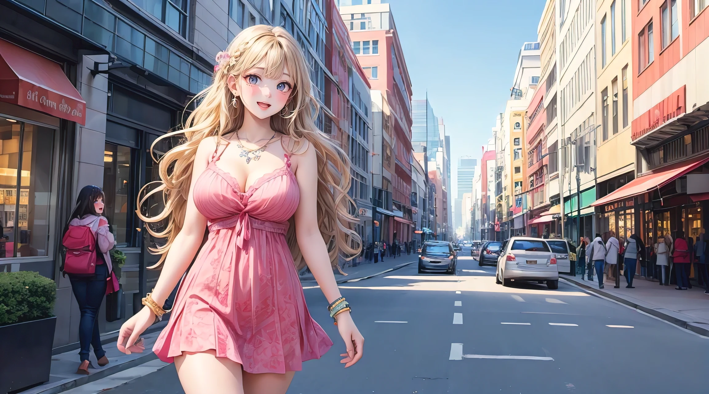 masterpiece, best quality, photorealistic, solo, perfect slim fit body, thick thighs, huge breasts, braided wavy hair, hair ornaments, necklace, bracelets, spring dress, stylish, chic, cute, artistic, big city, modern themed scenery, bright colors, elaborate details, walking pose, vibrant, contrast