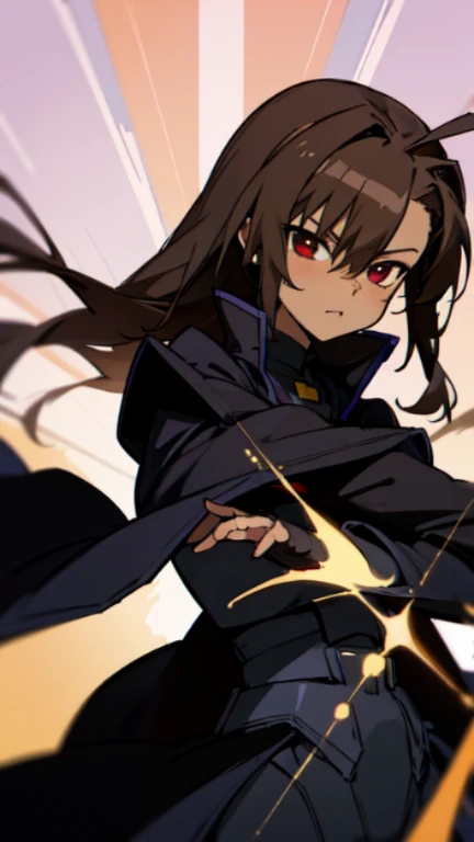 Masterpiece, Top quality, high resolution, highres, 8k, best quality, child, 1 male, shota, cute, innocent, dark skin, otokonoko, red eye's, dark brown hair long hair in a side-swept style smooth, wearing an a black bodysuit, black gaunlets, black coat, magical girl lyrical nanoha, cute artstyle