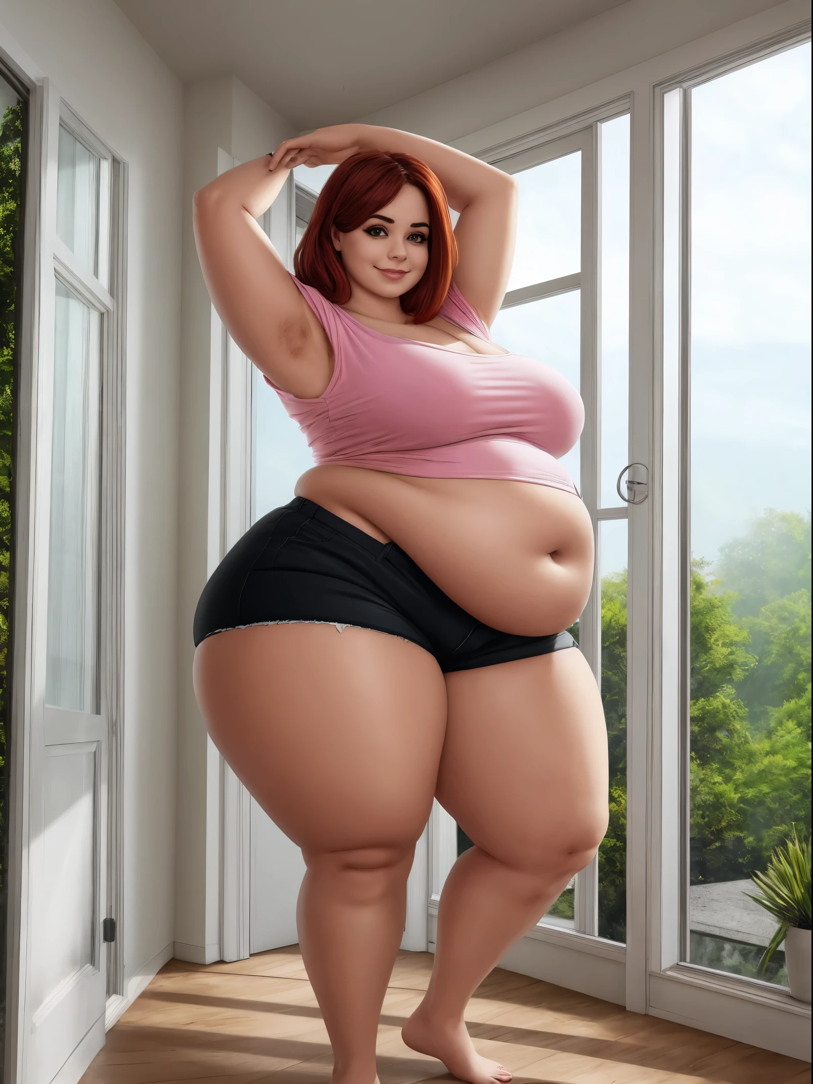 Fat Ashley, red hair, (chubby arms, chubby/ pudgy face), arm up, wide hips, thick thighs, large belly overhang, white off-shoulder shirt, (voluptuous woman), young, age 23, ((black booty shorts)), adorable smile, 1080P, 4k UHD, Masterpiece, ((single)), background: sunroom, big windows