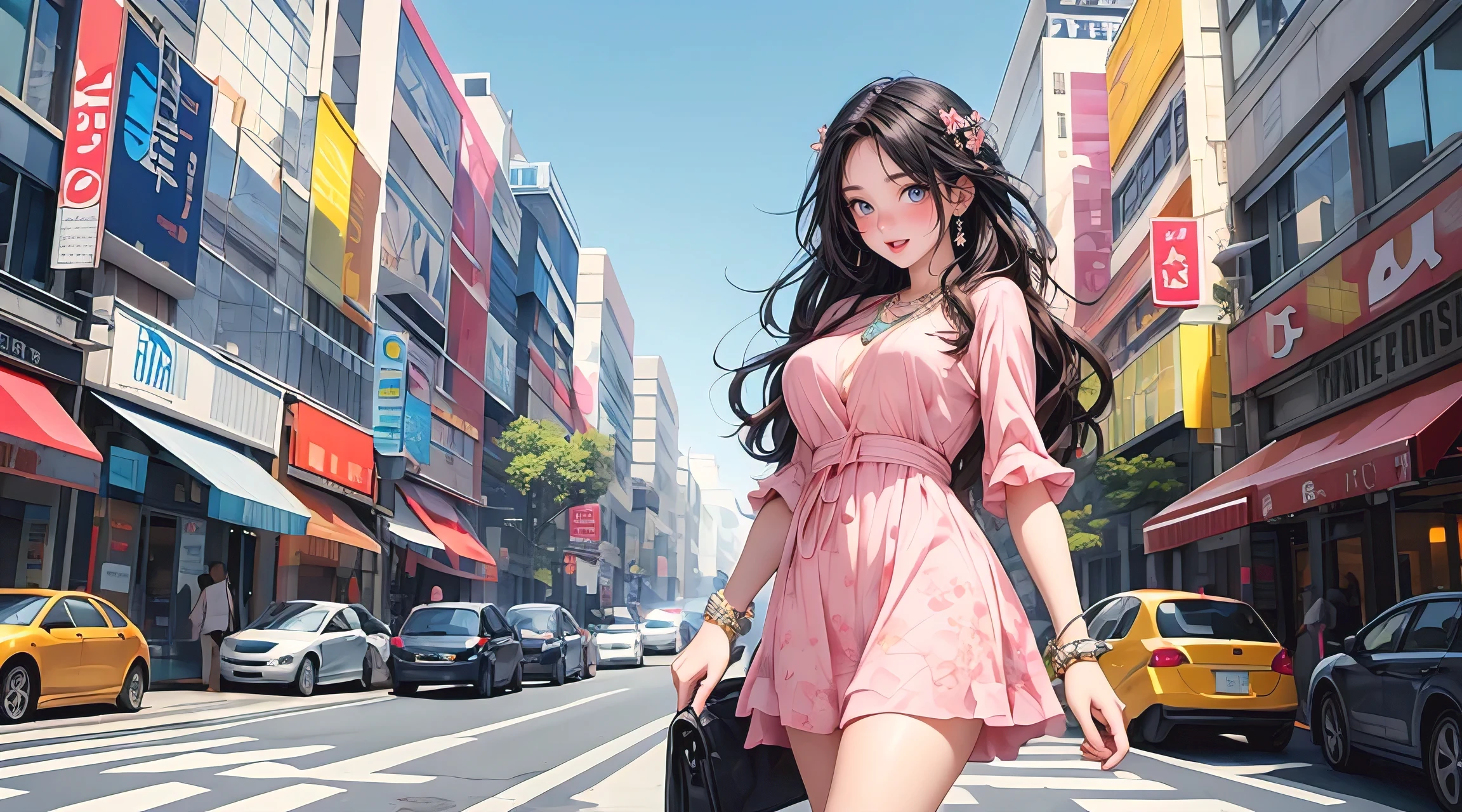 masterpiece, best quality, photorealistic, solo, perfect slim fit body, thick thighs, huge breasts, braided wavy hair, hair ornaments, necklace, bracelets, spring dress, stylish, chic, cute, artistic, big city, modern themed scenery, bright colors, elaborate details, walking pose, vibrant, contrast
