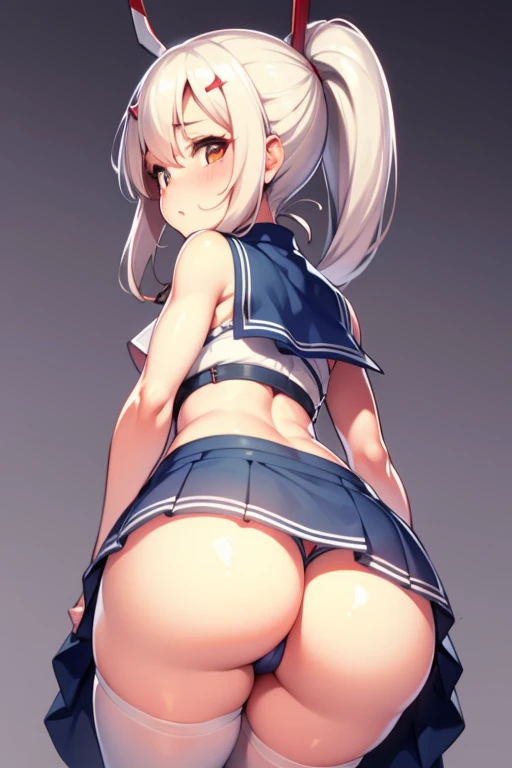 1girl, Small , cabello decolorado, falda azul, trenza de cabello, Small blue skirt, trasero visible, big butt, ass, huge butt, big belly, ass fat , fat butt, hands squeezing in butt, hands squeezing in ass