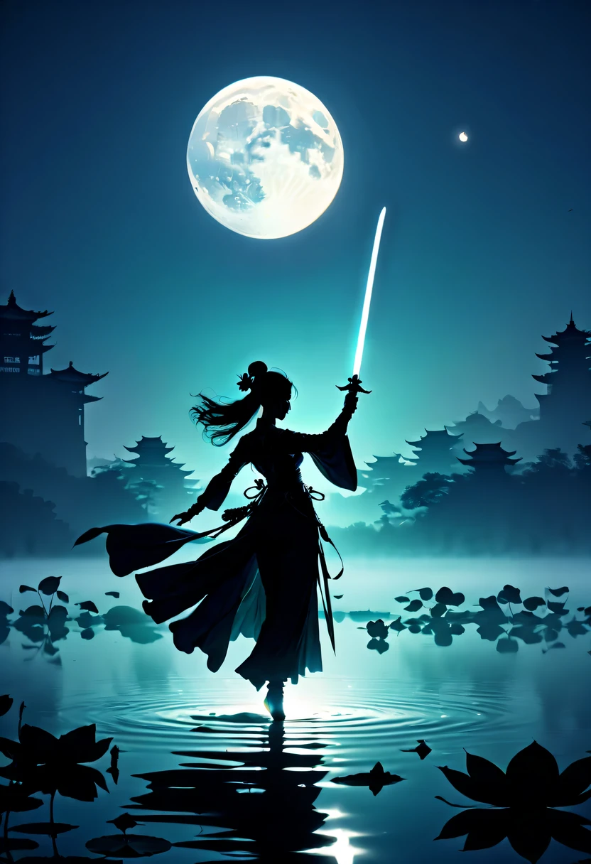 (Heroine dancing sword silhouette:1.5),Glowing sword,(Strong dynamic stance:1.4),on  the lake，high contrast, movie lighting, Enigmatic Atmosphere,，lotus flower，Lotus leaf，a moon