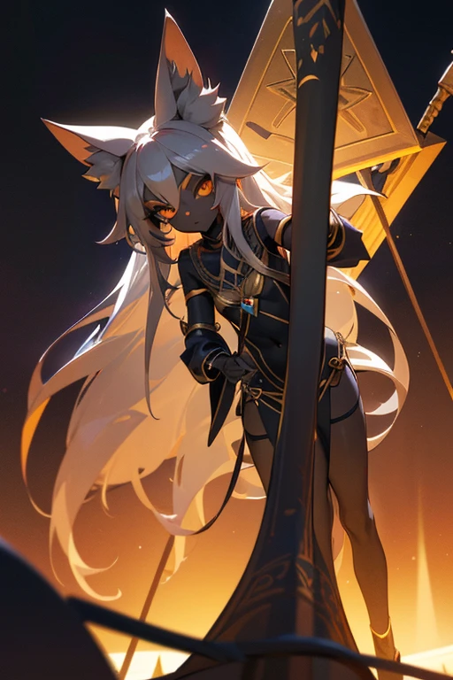 A magical female brat catgirl beauty with jet black skin and fluffy long silver hair waving a staff wearing Bastet clothing with an altar inside the pyramid in the background. Doujin CD style. ((Match the color of both eyes)) ((Align the shape of both eyes)) Anime style 3D style Draw in detail