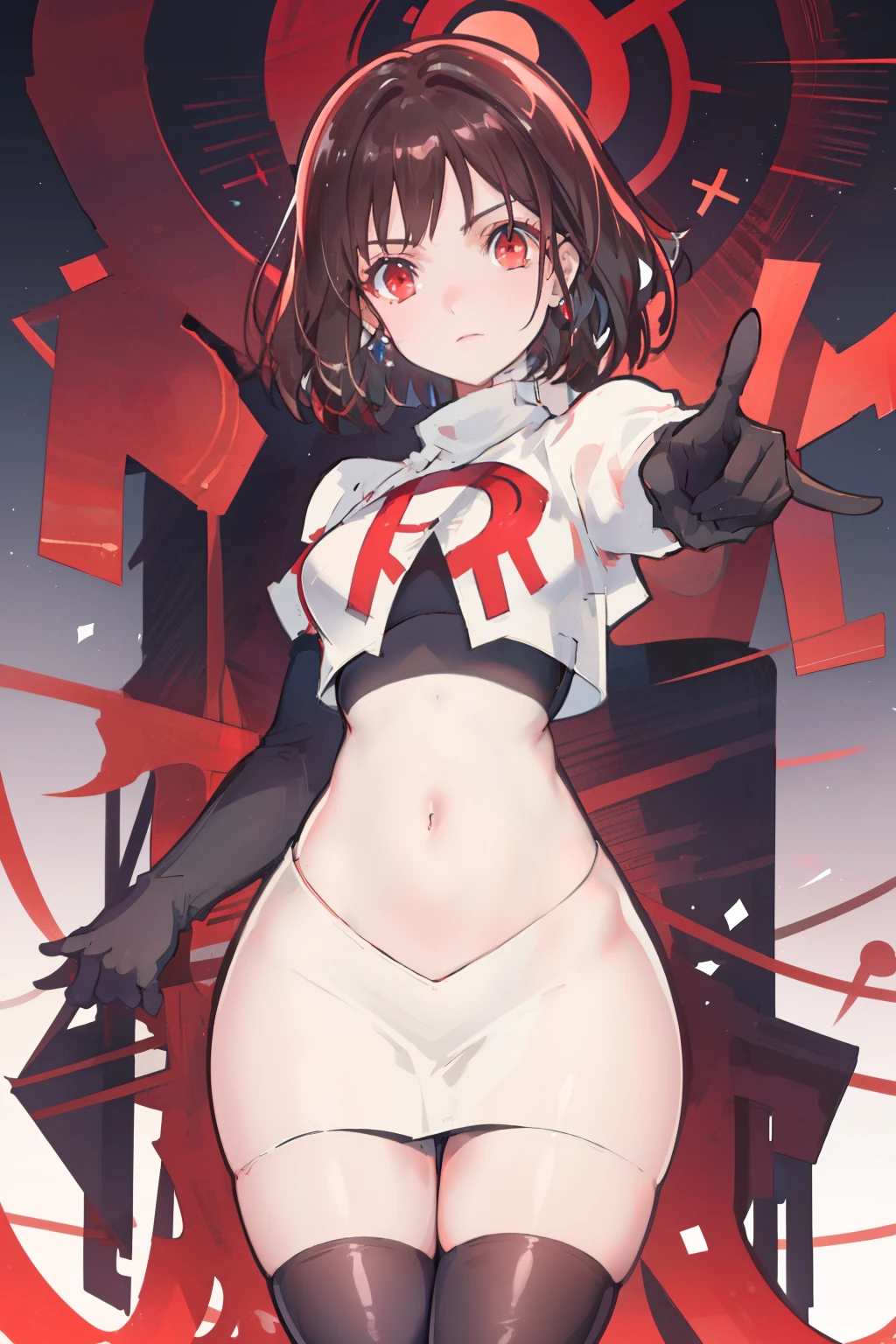(extremely detailed CG), (best quality), perfect face, shiny skin, lustrous skin,wide hips, 1girl,solo , RaeTaylor,jewelry, red eyes, short hair, brown hair, looking at viewer,team rocket,team rocket uniform,white skirt,red letter R,crop top,black thigh-highs,black elbow gloves