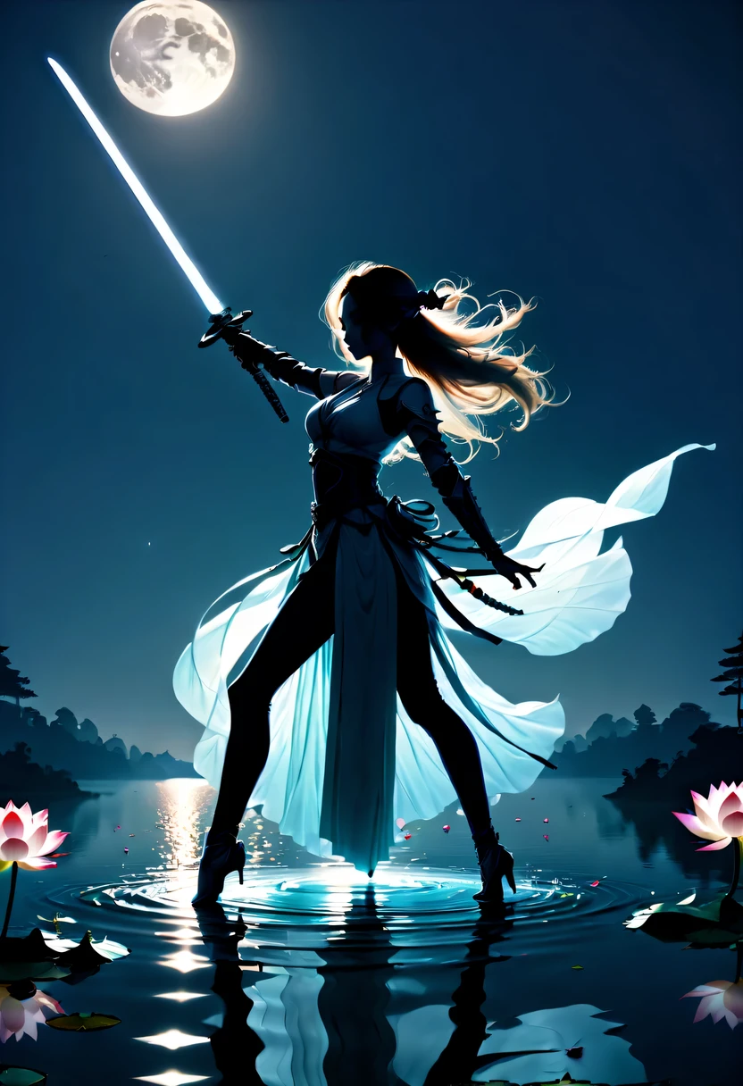 (Heroine dancing sword silhouette:1.5),Glowing sword,(Strong dynamic stance:1.4),on  the lake，high contrast, movie lighting, Enigmatic Atmosphere,，lotus flower，Lotus leaf，a moon