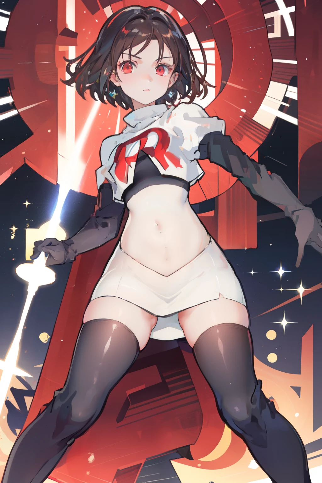 (extremely detailed CG), (best quality), perfect face, shiny skin, lustrous skin,wide hips,   1girl,solo ,    RaeTaylor,jewelry, red eyes, short hair, brown hair, looking at viewer,team rocket,team rocket uniform,white skirt,red letter R,crop top,black thigh-highs,black elbow gloves