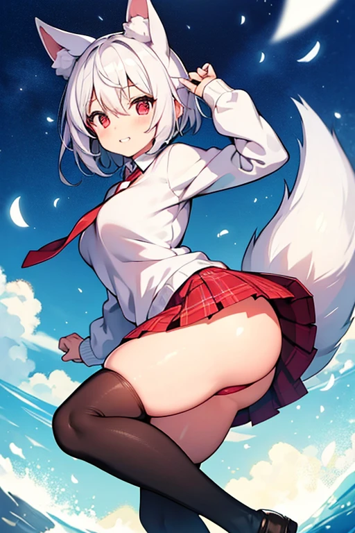 (masterpiece), best quality, my foxy girlfriend - fuku, medium breasts, white fox ears, one white fox tail, round face, white hair, white skin, cute girl, innocent , medium size, teenager, light pink sweater, white thighs high,red tie hidden by sweater, red pink eyes, short back hair, 2 long strands falling on breasts, very short red plaid skirt under the sweater, thick thigh, black japanese school shoes