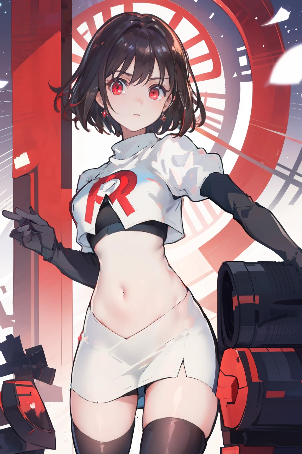 (extremely detailed CG), (best quality), perfect face, shiny skin, lustrous skin,wide hips,   1girl,solo ,    RaeTaylor,jewelry, red eyes, short hair, brown hair, looking at viewer,team rocket,team rocket uniform,white skirt,red letter R,crop top,black thigh-highs,black elbow gloves