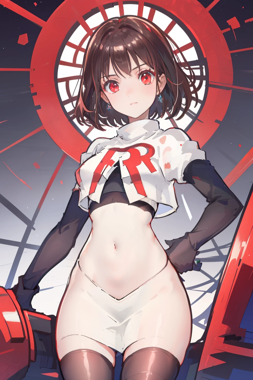 (extremely detailed CG), (best quality), perfect face, shiny skin, lustrous skin,wide hips,   1girl,solo ,    RaeTaylor,jewelry, red eyes, short hair, brown hair, looking at viewer,team rocket,team rocket uniform,white skirt,red letter R,crop top,black thigh-highs,black elbow gloves