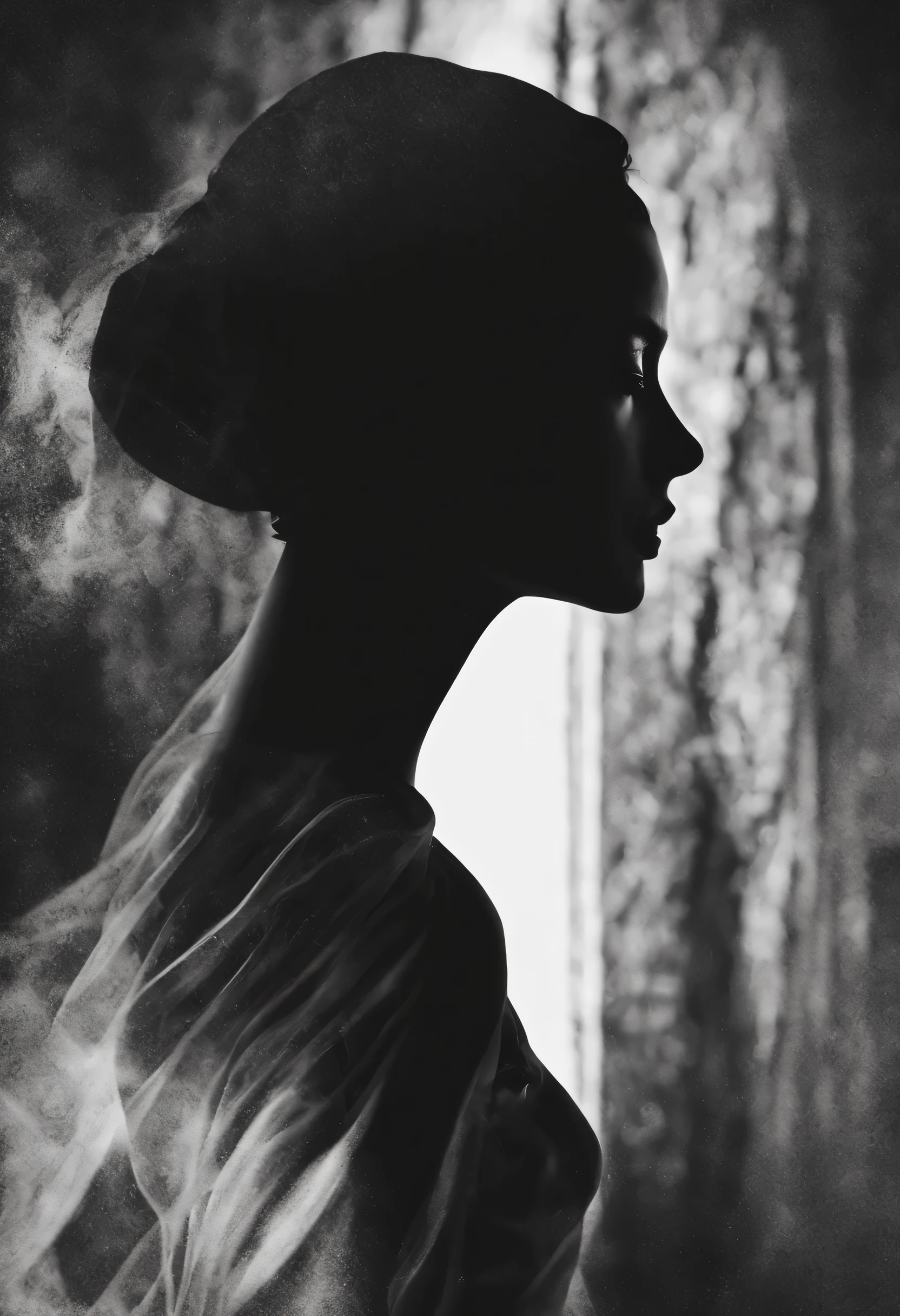 (best quality,4k,8k,highres,masterpiece:1.2),ultra-detailed,black and white,shadowy figure,graceful pose,feminine allure,(mysterious,alluring:1.3) eyes and lips,sleek curves,ravishing beauty,artistic expression,dramatic lighting,contrast,subtle details,implied sensuality,twisted silhouette,dark elegance, mood,fluid lines,high contrast,fine art,monochrome,contemporary,sophisticated,innovative,silhouette,visual poetry,creative composition,striking visual impact