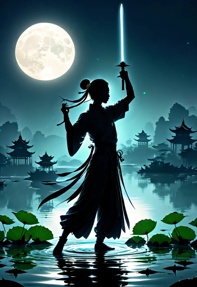 (Dancing sword silhouette:1.5),Glowing sword,(Strong dynamic stance:1.4),on the lake,high contrast, movie lighting, Enigmatic Atmosphere,,lotus flower,Lotus leaf,a moon