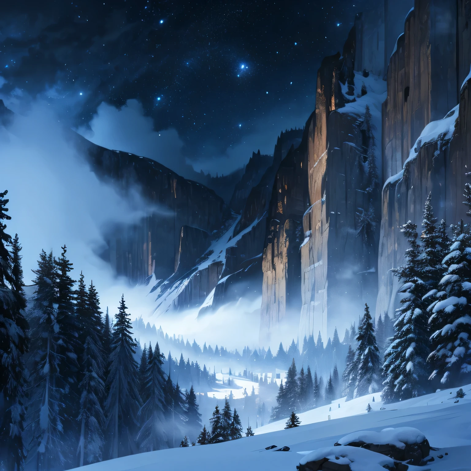 I'I лежу в ущелье, I look up, first-person view, I look at the sky, in the mountains, blizzard, night, зловещаI атмосфера