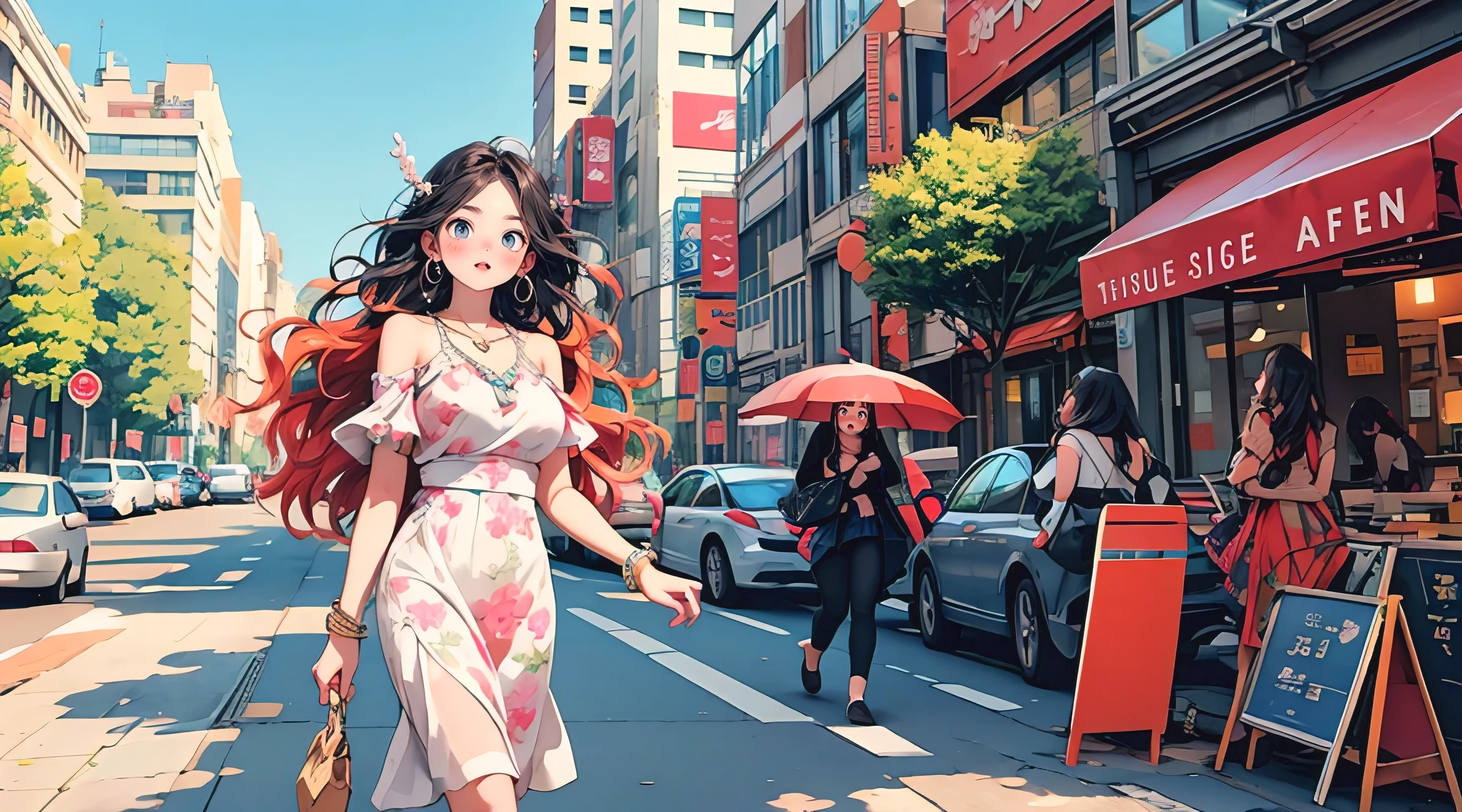 masterpiece, best quality, photorealistic, solo, perfect slim fit body, thick thighs, huge breasts, braided wavy hair, hair ornaments, necklace, bracelets, spring dress, stylish, chic, cute, artistic, big city, modern themed scenery, bright colors, elaborate details, walking pose, vibrant, contrast
