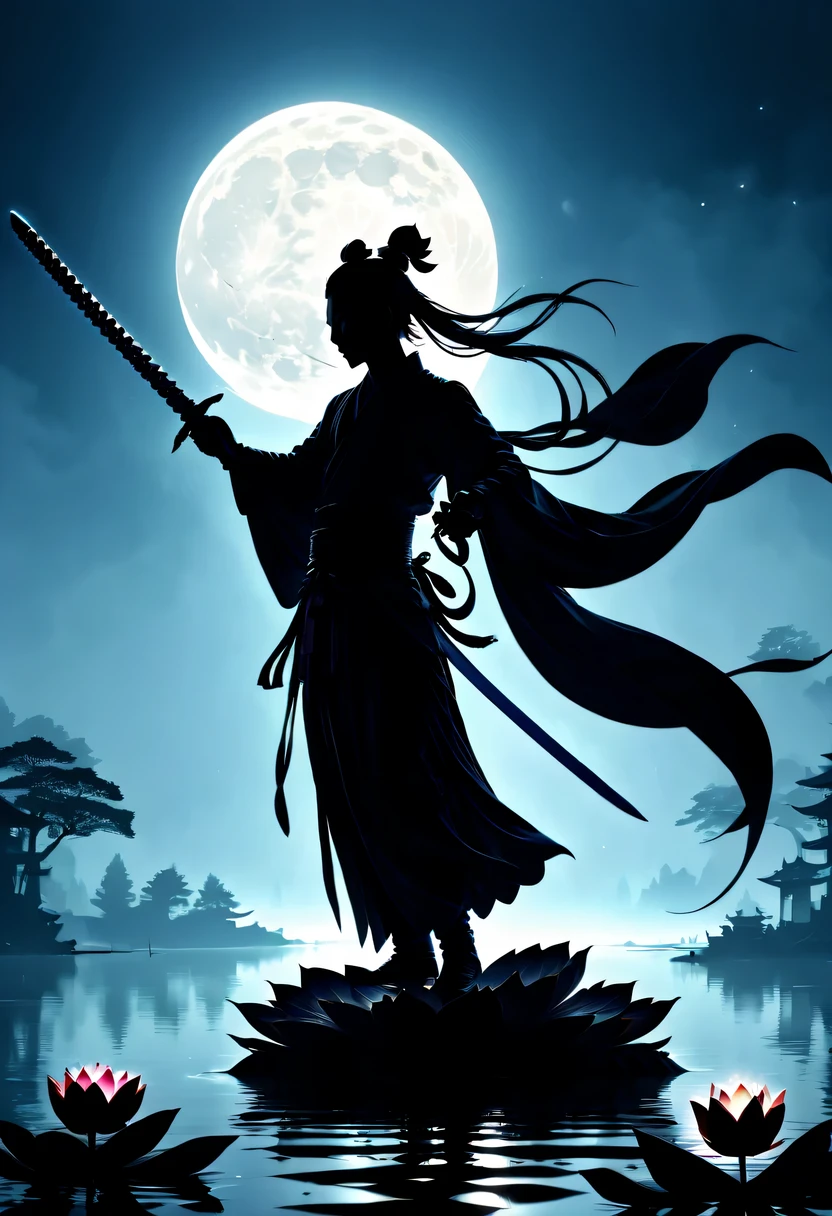 (Dancing sword silhouette:1.5),Glowing sword,(Powerful power:1.4),on the lake,high contrast, movie lighting, Enigmatic Atmosphere,,lotus flower,Lotus leaf,a moon