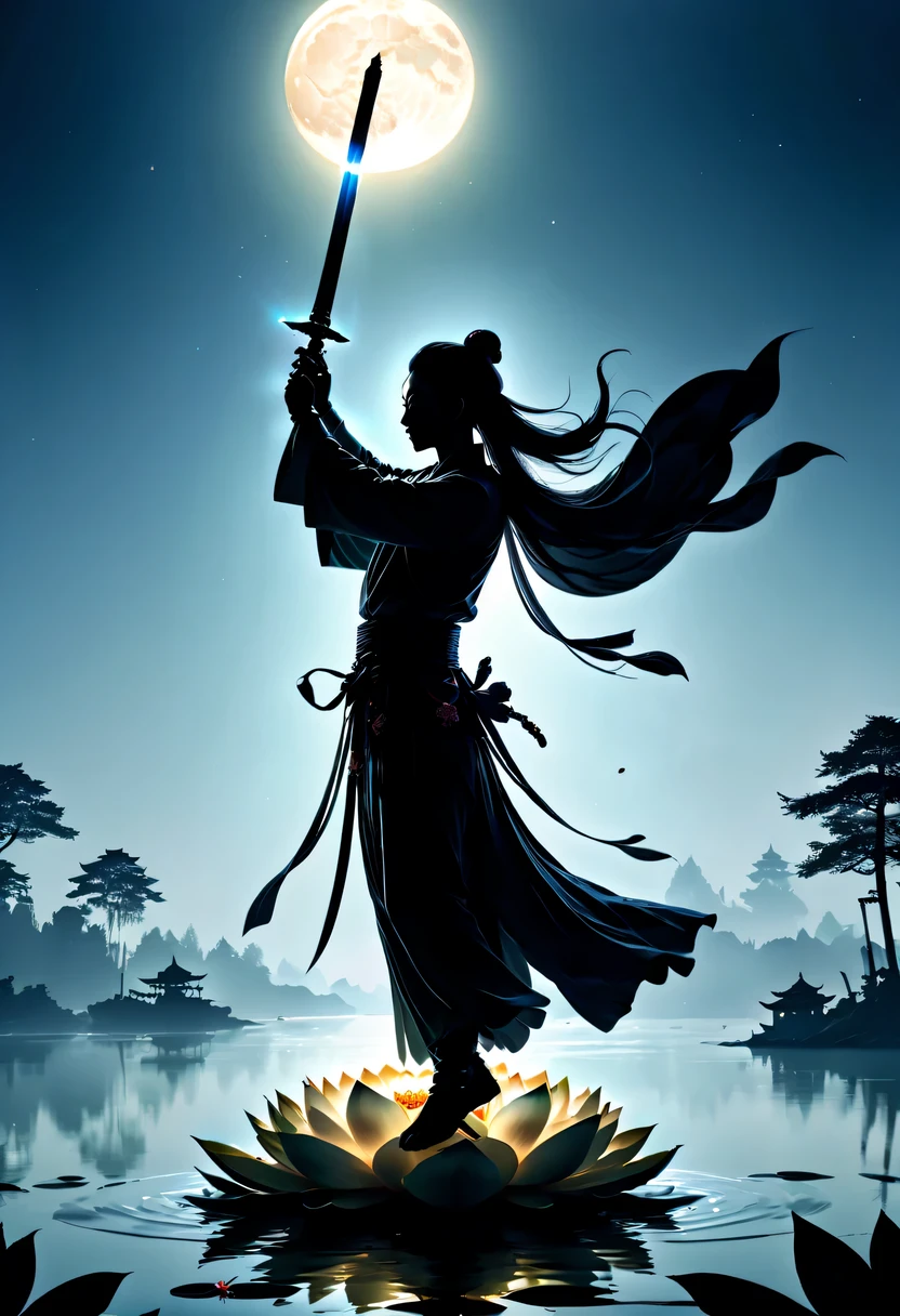 (Dancing sword silhouette:1.5),Glowing sword,(Powerful power:1.4),on the lake,high contrast, movie lighting, Enigmatic Atmosphere,,lotus flower,Lotus leaf,a moon