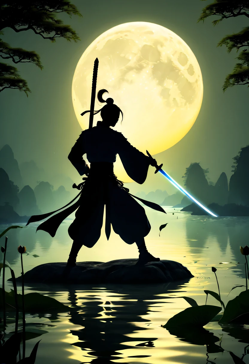 (Dancing sword silhouette:1.5),Glowing sword,(Powerful power:1.4),on  the lake，high contrast, movie lighting, Enigmatic Atmosphere,，lotus flower，Lotus leaf，a moon