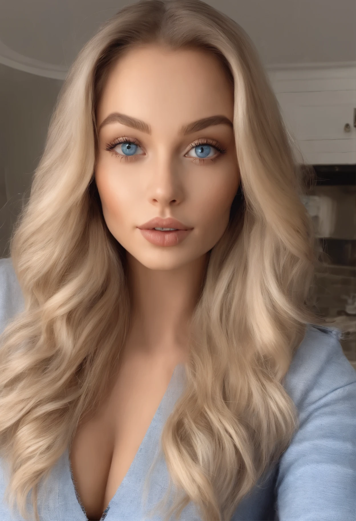arafed woman fully ,  with blue eyes, ultra realistic, meticulously detailed, portrait sophie mudd, blonde hair and large eyes, selfie of a young woman, bedroom eyes, violet myers, without makeup, natural makeup, looking directly at the camera, face with artgram, subtle makeup, stunning full body shot in kitchen, medium to large size bust