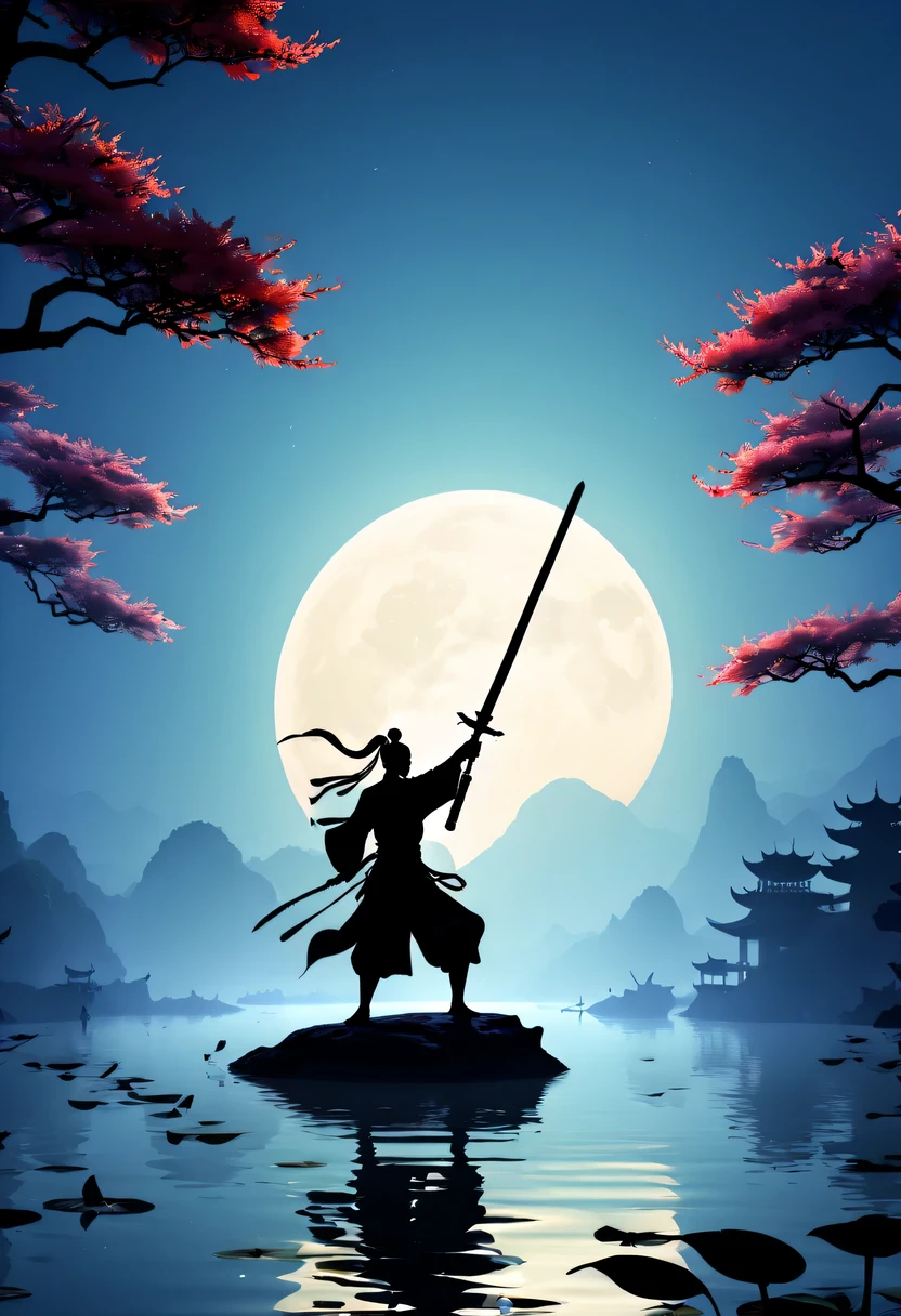 (Dancing sword silhouette:1.5),Glowing sword,(Powerful power:1.4),on the lake,high contrast, movie lighting, Enigmatic Atmosphere,,lotus flower,Lotus leaf,a moon