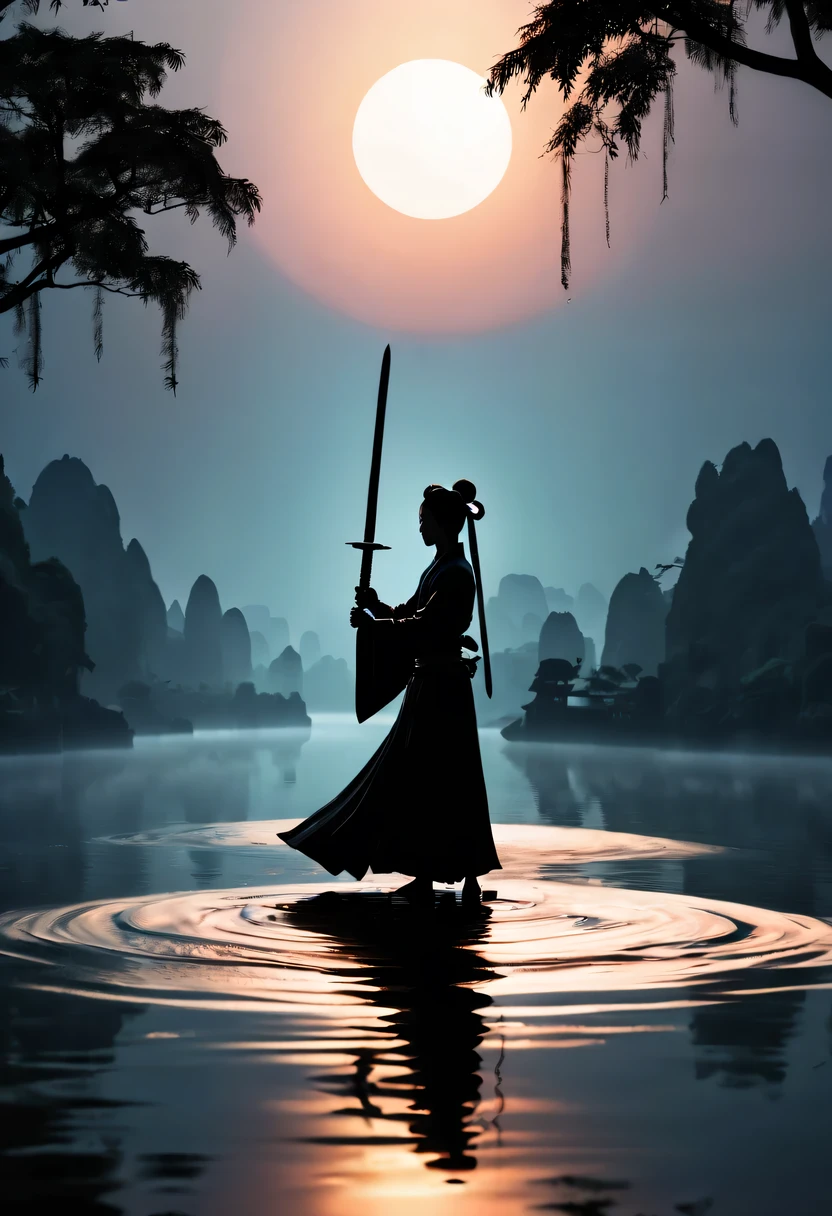 (Dancing sword silhouette:1.5),Glowing sword,(Powerful power:1.4),on the lake,high contrast, movie lighting, Enigmatic Atmosphere,,lotus flower,Lotus leaf,a moon