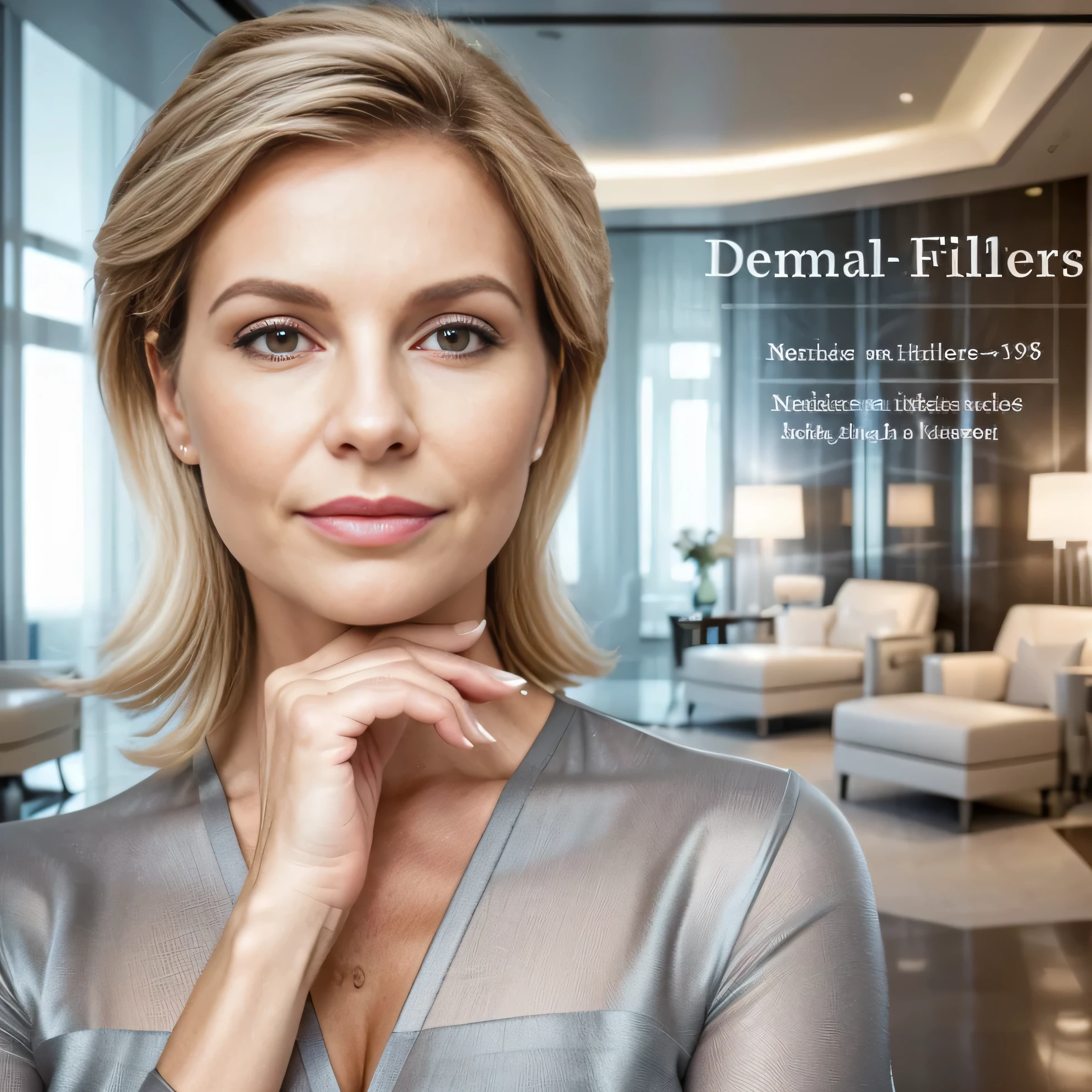 The middle-aged woman, positioned on the extreme left, showcases the effects of the dermal fillers. This visual layout effectively conveys both the aesthetic impact of the service and the essential information about the treatments offered.