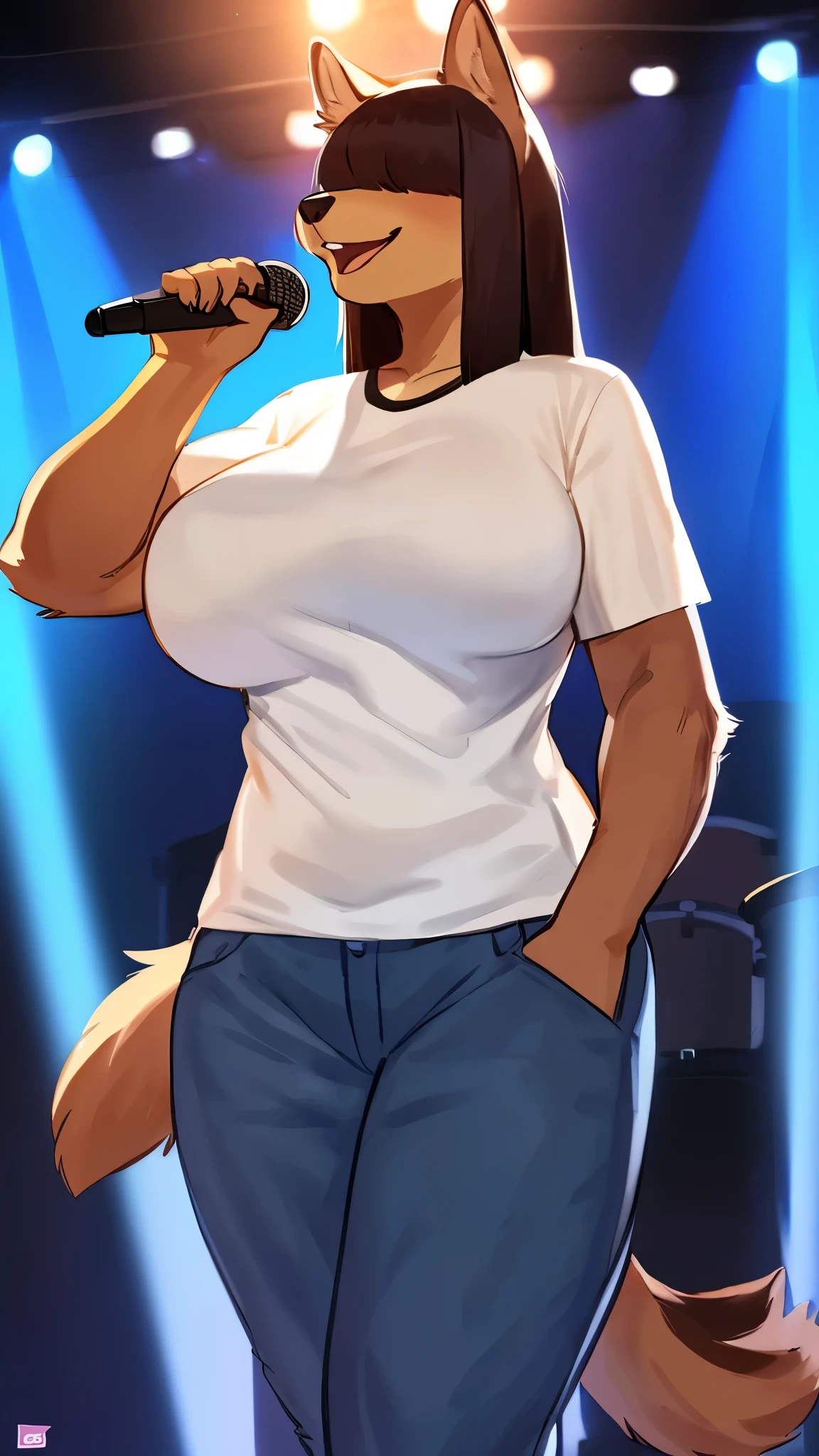 By bebebebebe, by lostgoose, by goonie-san, female, ((canine, snout, hair covering eyes, straight hair, medium hair, flat hair, ears, thin snout)), brown fur, big poofy tail, raised tail, dark maroon hair, ((muscular, big breasts)), solo, band tee shirt, jeans, singing into a microphone, microphone, stage, smiling, happy, open mouth, holding microphone