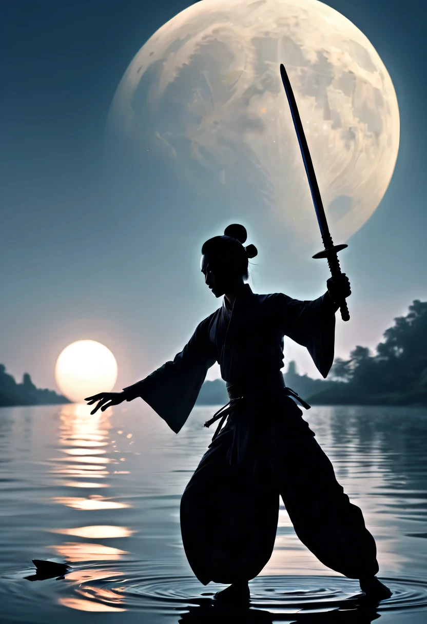 (Dancing sword silhouette:1.5),Glowing sword,(Powerful power:1.4),on the lake,high contrast, movie lighting, Enigmatic Atmosphere,,lotus flower,Lotus leaf,a moon