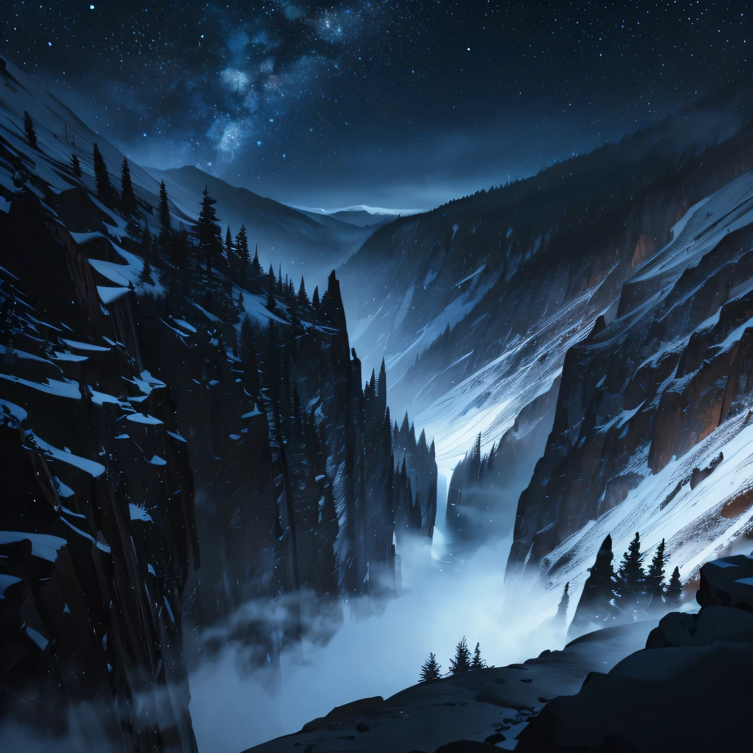 dark gorge in the mountains, I'm looking down, first-person view, night, blizzard, ominous atmosphere