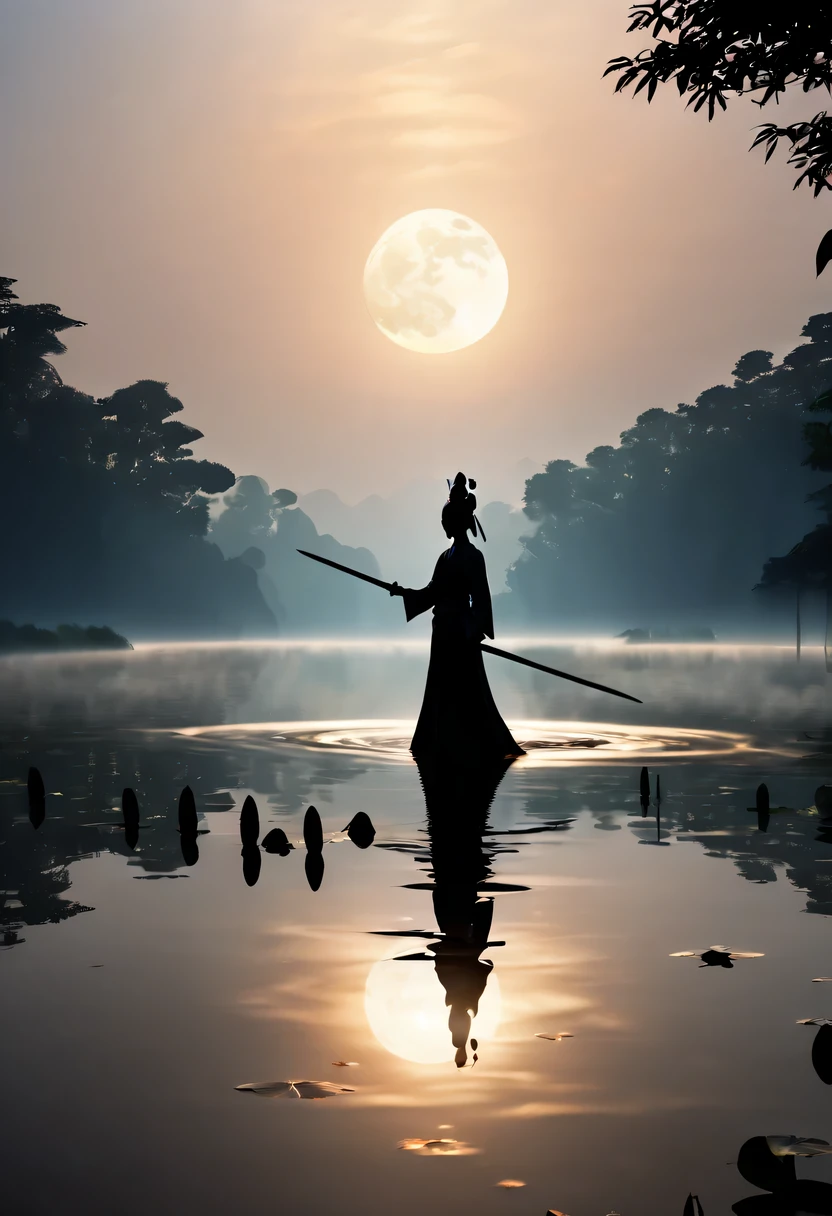 (Dancing sword silhouette:1.5),Glowing sword,(Powerful power:1.4),on the lake,high contrast, movie lighting, Enigmatic Atmosphere,,lotus flower,Lotus leaf,a moon