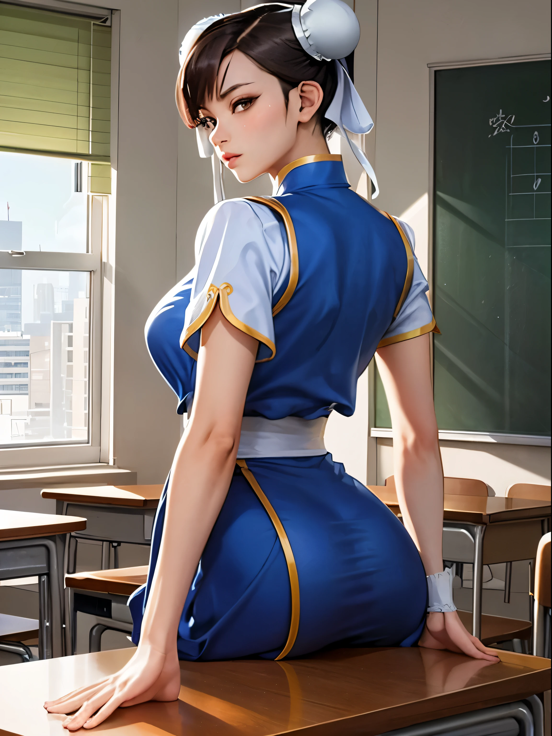 ((Chun li)), ((big ass)),((best quality)), ((masterpiece)), (circulated), perfect face, perfect body, single person, in the classroom, wearing a school uniform Japanese student