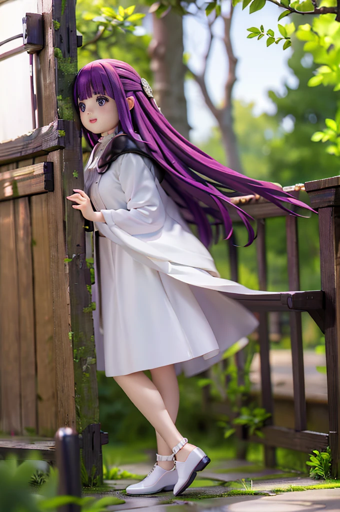 1 girl、(body floating)、full body description、slim、accurate line of sight、blue eyes、smile、purple hair、long hair、white dress、Wooden caneを持つ、Wooden cane、hobby shop、