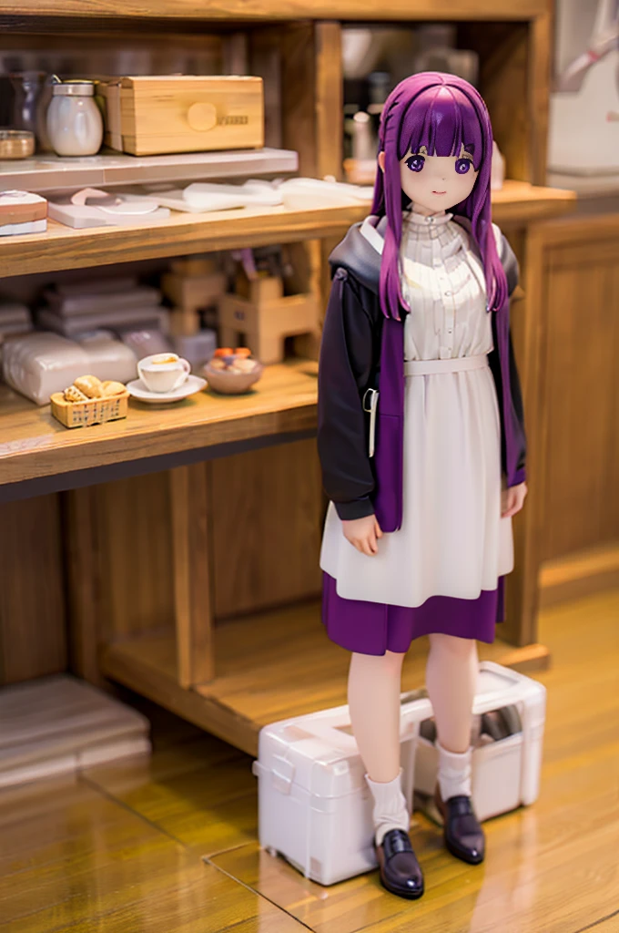 1 girl、(body floating)、full body description、slim、accurate line of sight、blue eyes、smile、purple hair、long hair、white dress、Wooden caneを持つ、Wooden cane、hobby shop、