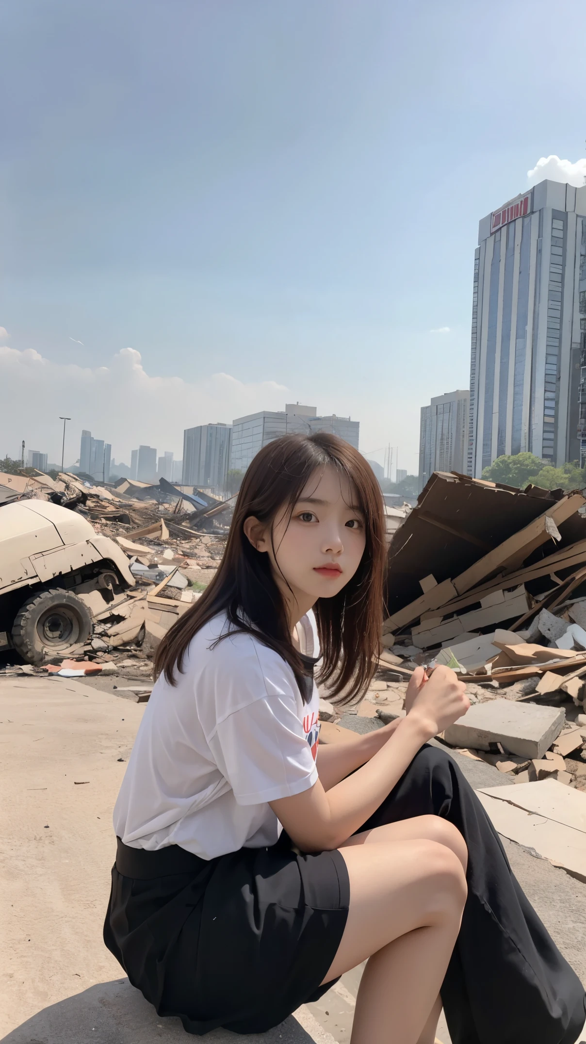 original photo of a female student wearing a small skirt and t-shirt, and Its hand, sitting on the rubble while snipe the far away enemy on build, under the corner of the plan and tank with Indonesian symbol in it body, and clear aura, with the background destroy building and change it  fire form in the crowd soldier, top view looking far away 4K original quality photo eyes looking at the camera