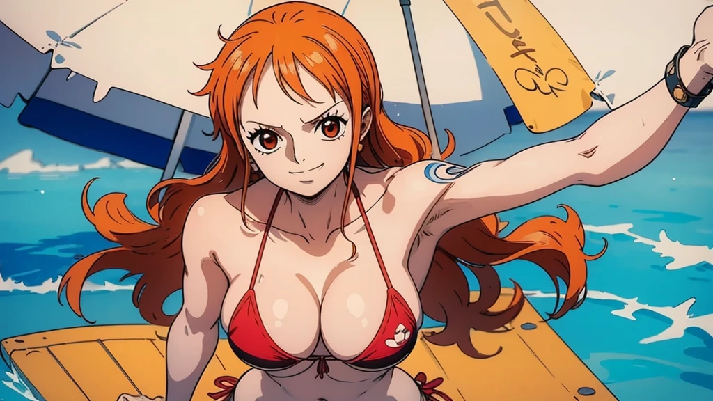 An Arafe woman wears a bikini top and super red mini skirt, nami one piece, uma obra-prima , Retrato bonito de Nami, nami from one piece,Nami em super minissaia vermelha, arte de anime digital detalhada, Cute Exirobat showing white pants, Muito detalhes Artgerm haha, deviantart artstation cgsscosiety, realistic red bikini, roupa de banho vermelha, fanart melhor artstation, Artgerm. alto detalhamento, seios grandes, deitados na areia.