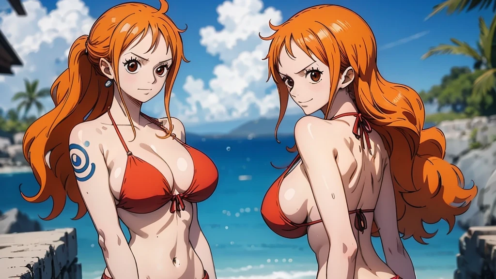 An Arafe woman wears a bikini top and super red mini skirt, nami one piece, uma obra-prima , Retrato bonito de Nami, nami from one piece,Nami em super minissaia vermelha, arte de anime digital detalhada, Cute Exirobat showing white pants, Muito detalhes Artgerm haha, deviantart artstation cgsscosiety, realistic red bikini, roupa de banho vermelha, fanart melhor artstation, Artgerm. alto detalhamento, seios grandes, deitados na areia.