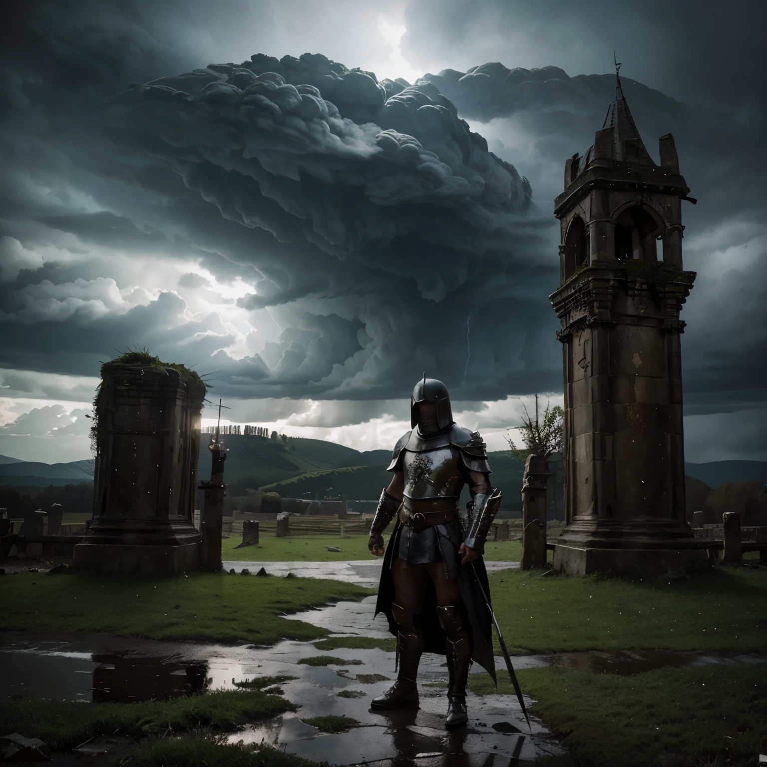 best quality,4k,8k,highres,masterpiece:1.2),ultra-detailed,(realistic,photorealistic,photo-realistic:1.37),dark stormy atmosphere,menacing castle,dangerous evil knight,warrior in armor,stormy sky,thunder and lightning,cold wind blowing,ominous clouds,dark shadows,ancient stone walls,noble knight,shiny armor,sword and shield,ferocious expression,intense eyes,menacing aura,foreboding presence,medieval setting,majestic architecture,leaves rustling,flashing sword,heroic pose,wet ground,grim determination,ruins of a village,battle scars,menacing storm,heroic battle.