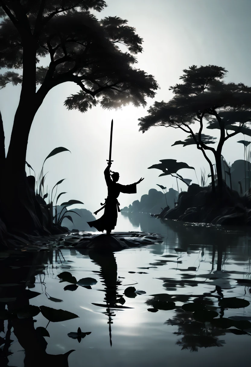 (Dancing sword silhouette:1.5),the light of the sword,(Powerful power:1.4),on the lake,high contrast, movie lighting, Enigmatic Atmosphere,,lotus flower,Lotus leaf,a moon