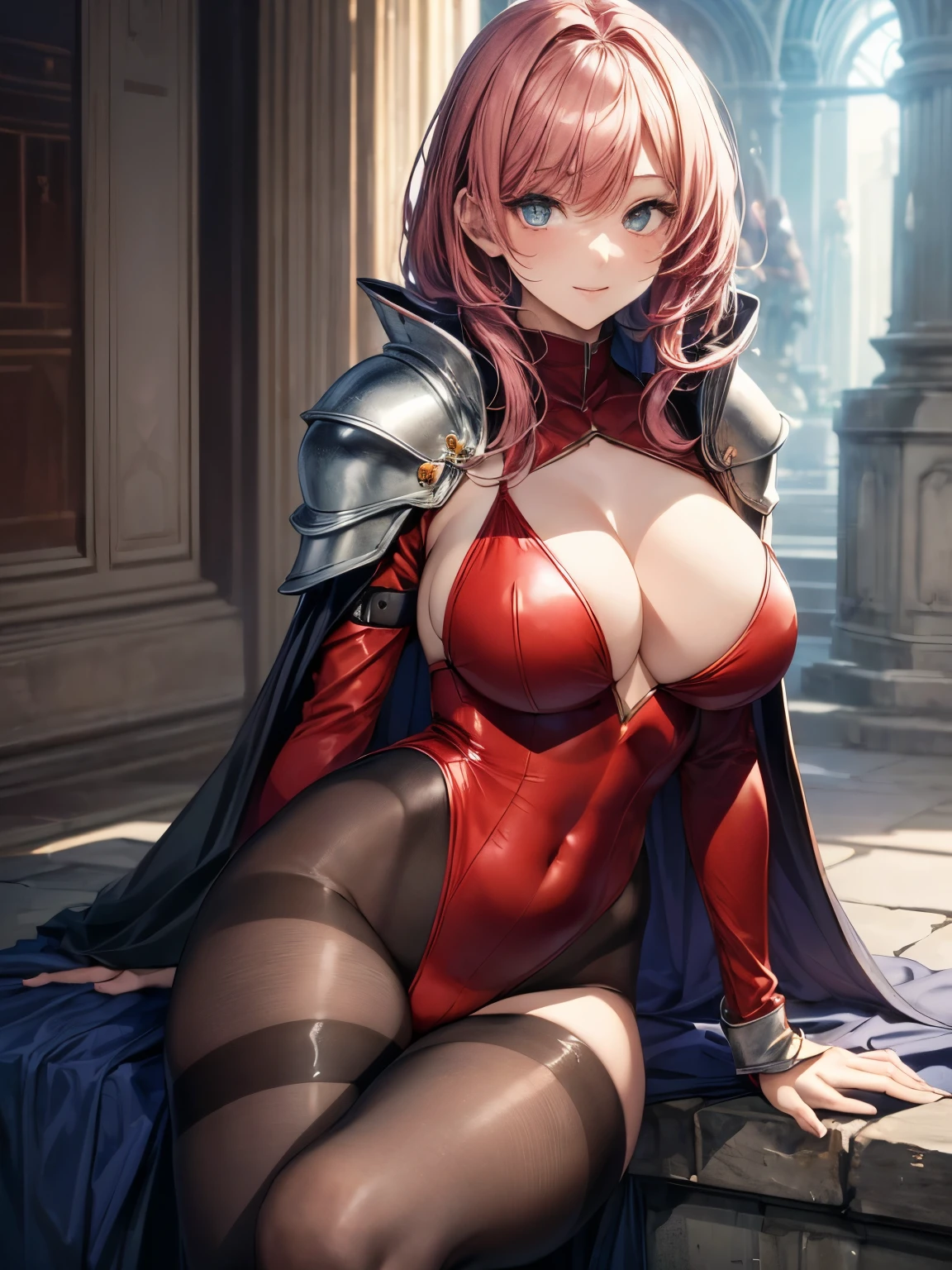 highest quality、complete limbs、full finger、one beautiful woman、beautiful big breasted woman、straight hair woman、(Red-haired woman:1.3)、big smile、(Woman knight)、((red high neck leotard:1.3))、(brown pantyhose:1.3)、(((full armor)))、Red cloak、Naughty Poses、in a castle