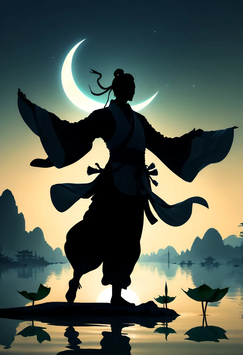 (Dancing sword silhouette:1.5),the light of the sword,(Powerful power:1.4),on the lake,high contrast, movie lighting, Enigmatic Atmosphere,,lotus flower,Lotus leaf,a moon