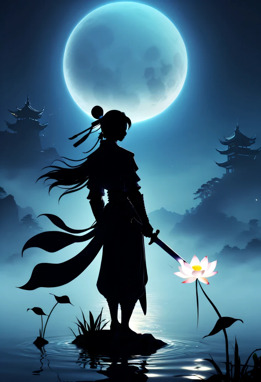 (Dancing sword silhouette:1.5),the light of the sword,(Powerful power:1.4),on the lake,high contrast, movie lighting, Enigmatic Atmosphere,,lotus flower,Lotus leaf,a moon