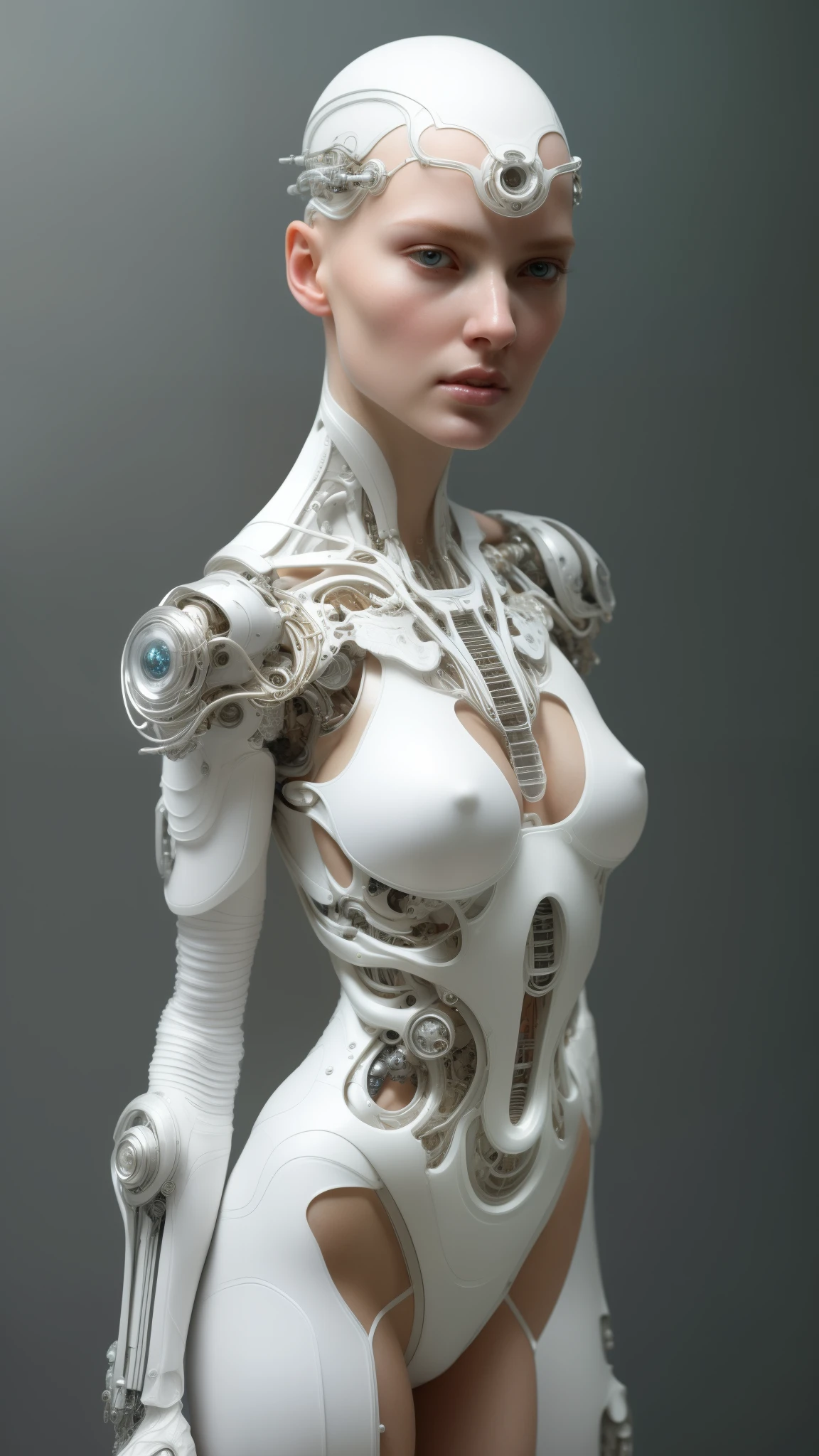 organic cyborg, white plastic, 1girl, diffuse lighting, fantasy, intricate, elegant, highly detailed, lifelike, photorealistic, digital painting, artstation, illustration, concept art, smooth, sharp focus, art by John Collier and Albert Aublet and Krenz Cushart and Artem Demura