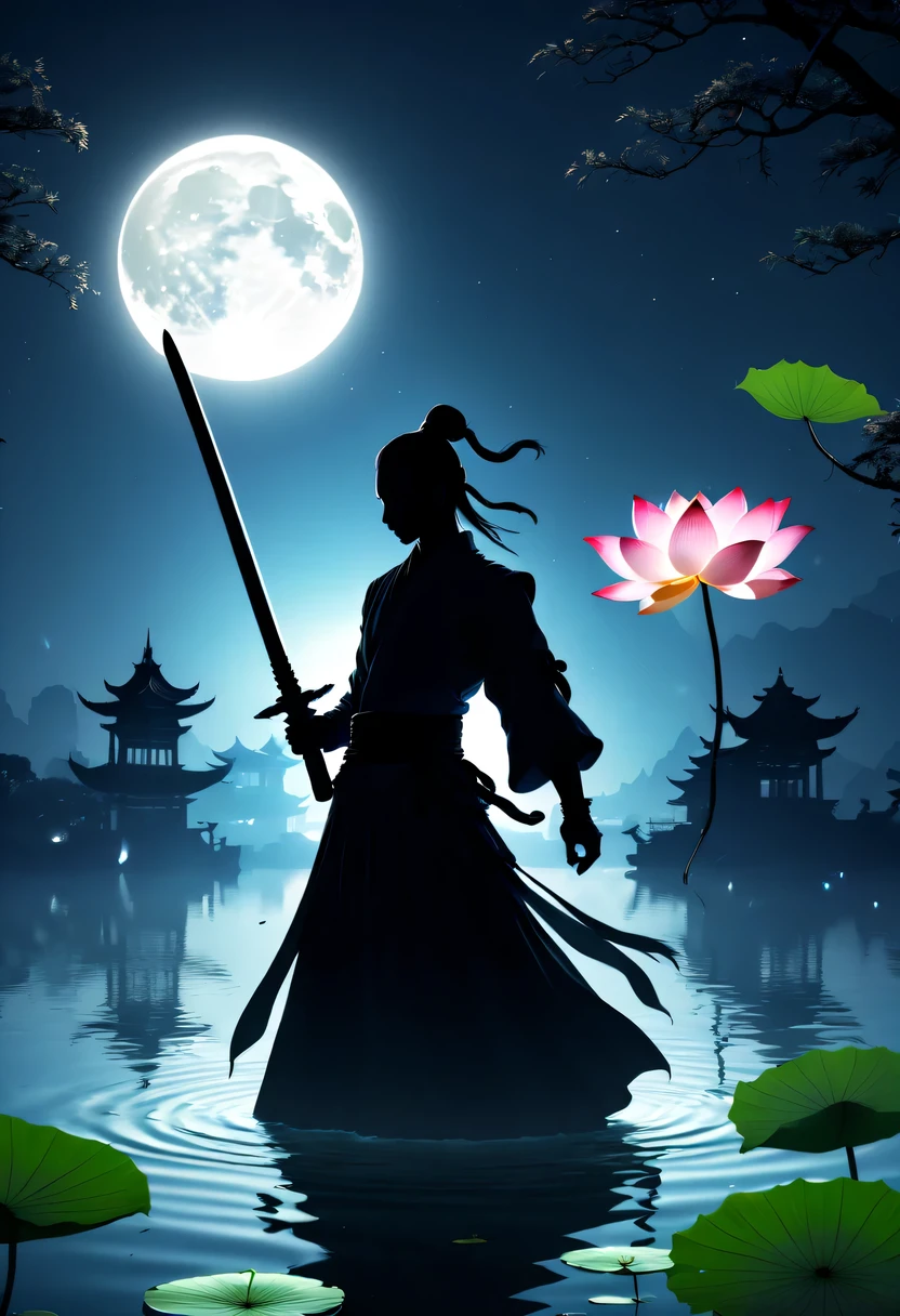 (Dancing sword silhouette:1.5),the light of the sword,(Powerful power:1.4),on  the lake，high contrast, movie lighting, Enigmatic Atmosphere,，lotus flower，Lotus leaf，a moon