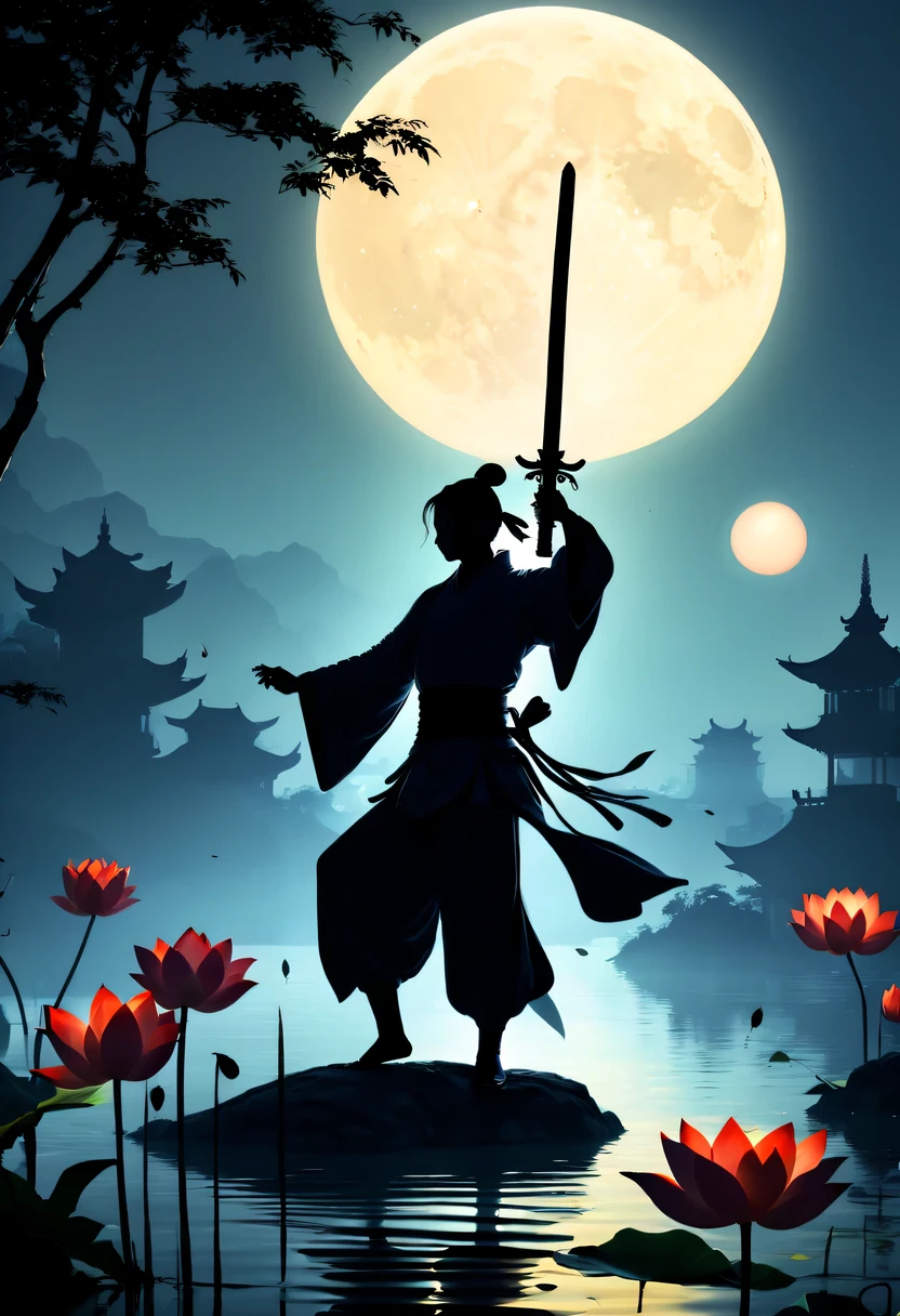 (Dancing sword silhouette:1.5),the light of the sword,(Powerful power:1.4),on  the lake，high contrast, movie lighting, Enigmatic Atmosphere,，lotus flower，Lotus leaf，a moon