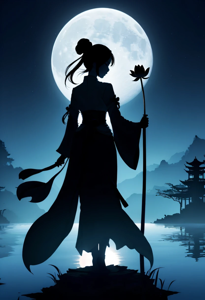 (Heroine silhouette:1.5),holding sword,(Powerful power:1.4),on the lake,high contrast, movie lighting, Enigmatic Atmosphere,,lotus flower,Lotus leaf,a moon