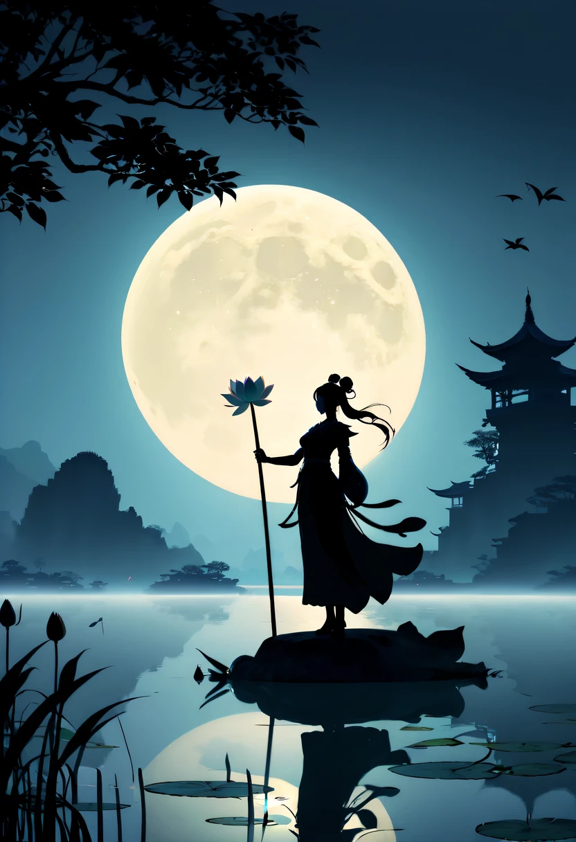 (Heroine silhouette:1.5),holding sword,(Powerful power:1.4),on the lake,high contrast, movie lighting, Enigmatic Atmosphere,,lotus flower,Lotus leaf,a moon