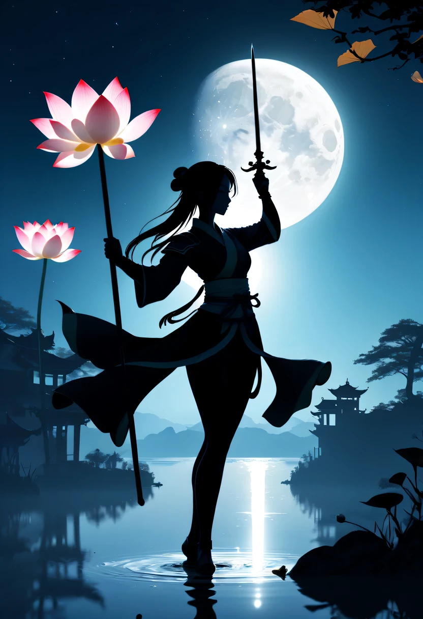 (Heroine silhouette:1.5),holding sword,(Powerful power:1.4),on  the lake，high contrast, movie lighting, Enigmatic Atmosphere,，lotus flower，Lotus leaf，a moon