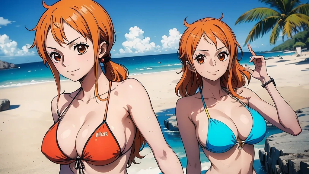 Nami wears a bikini top and super red miniskirt, uma obra-prima , Retrato bonito , arte de anime digital detalhada , Muito detalhes Artgerm haha, deviantart artstation cgsscosiety , fanart melhor artstation, Artgerm. alto detalhamento, seios grandes, deitada na areia.