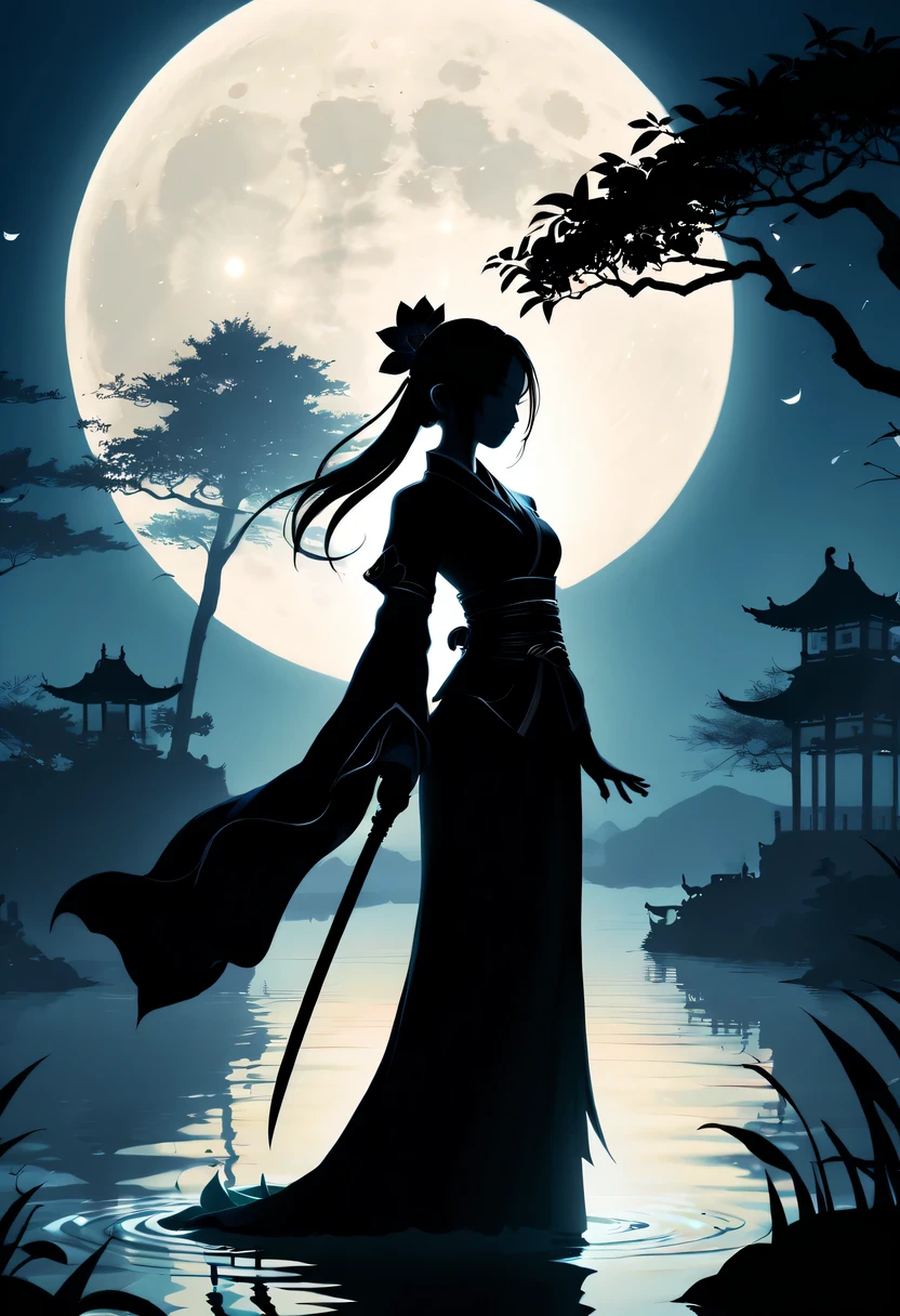 (Heroine silhouette:1.5),holding sword,(Powerful power:1.4),on the lake,high contrast, movie lighting, Enigmatic Atmosphere,,lotus flower,Lotus leaf,a moon