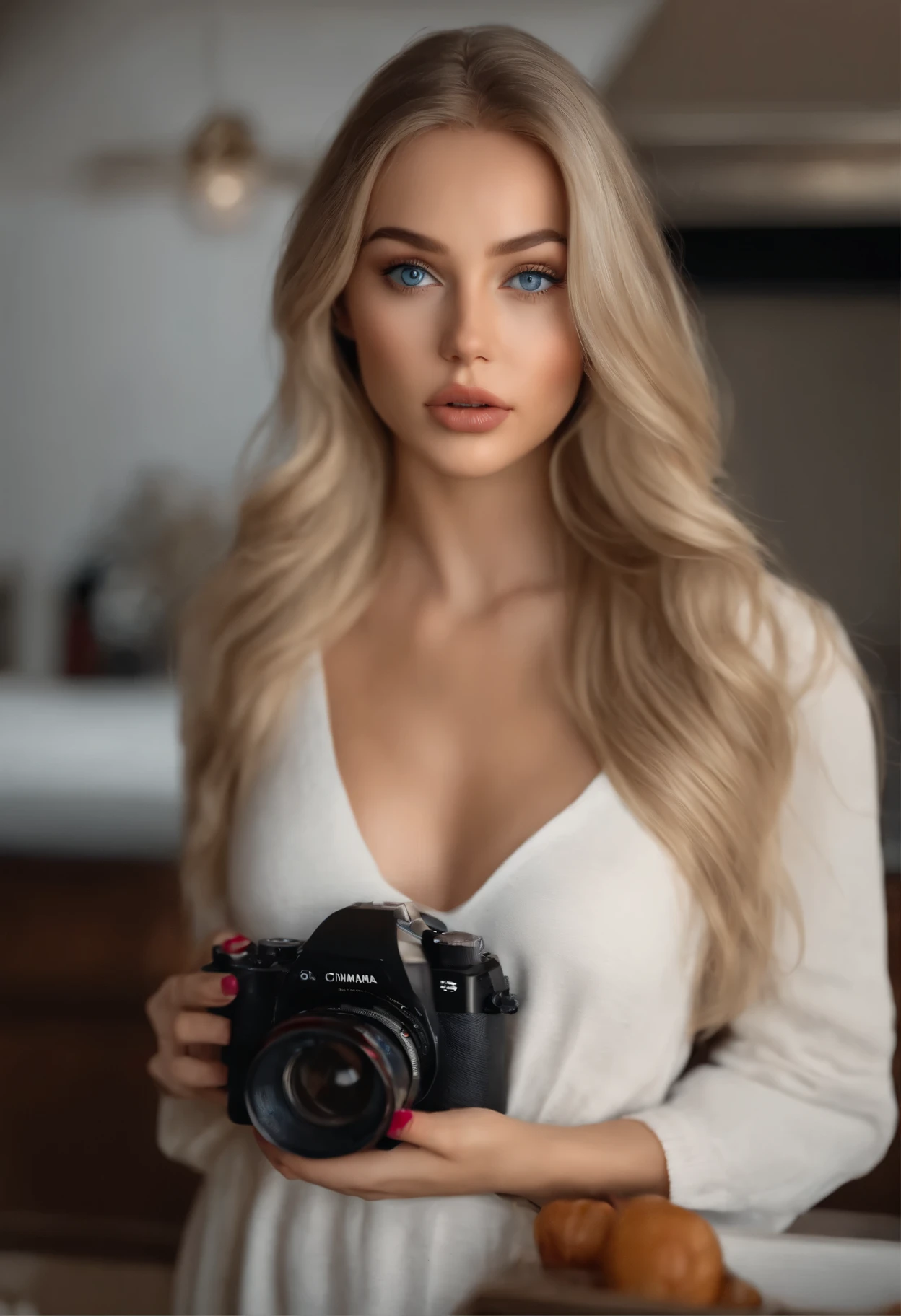 woman fully , with blue eyes, ultra realistic, meticulously detailed, portrait sophie mudd, blonde hair and large eyes, selfie of a young woman, bedroom eyes, natural makeup, looking directly at the camera, stunning full body shot in kitchen, medium to large size bust, wide angle view,